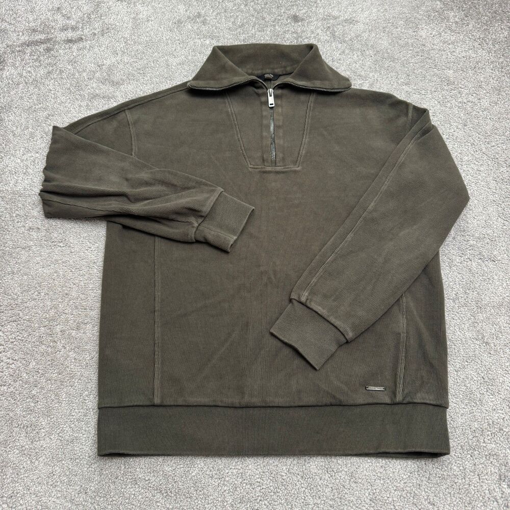 Massimo Dutti 1/4 Zip Pullover Sweater Mens Medium Dark Green Cotton Ribbed Knit